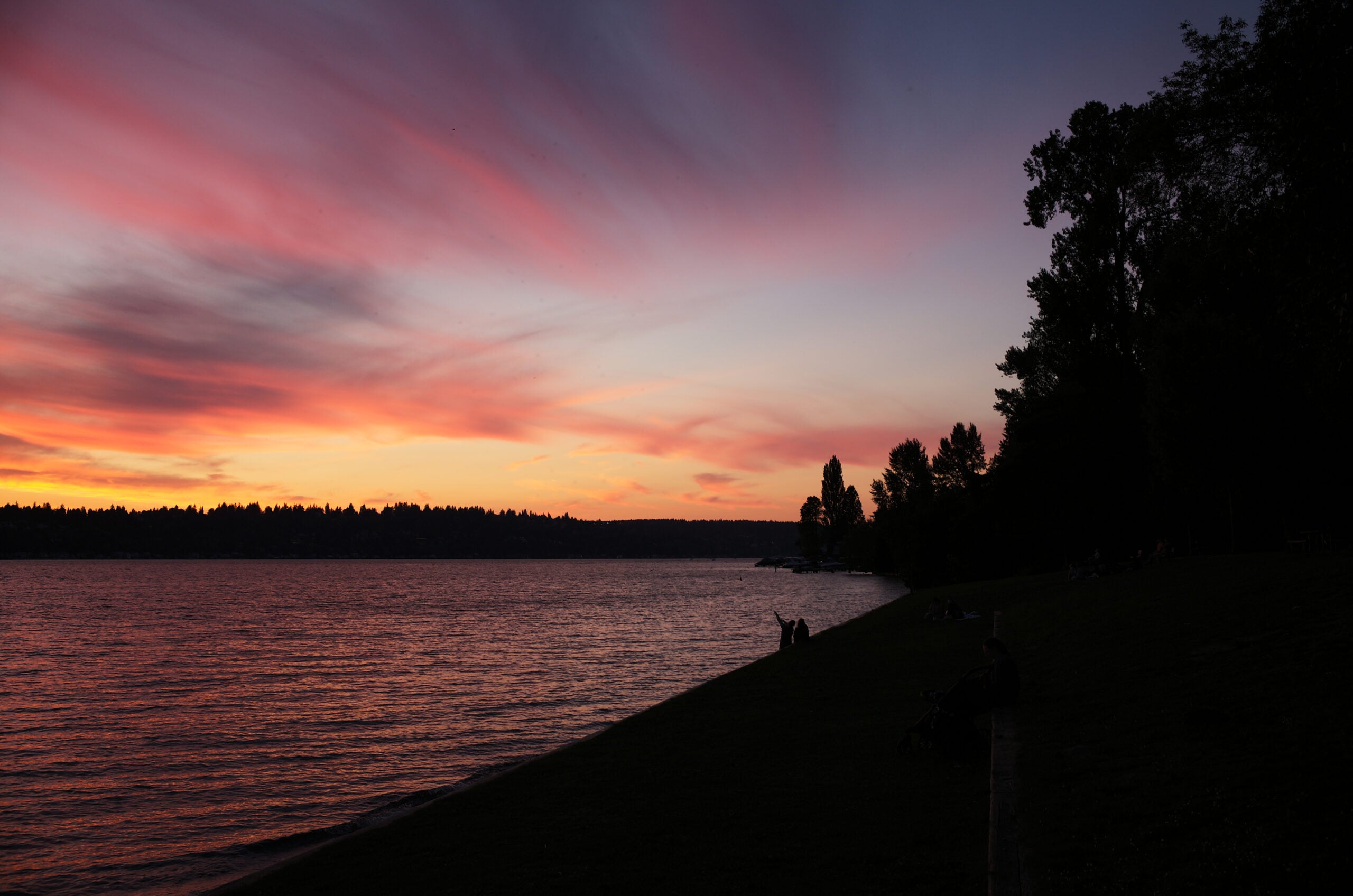 Colorful sunset with shadows on the right in the foreground.