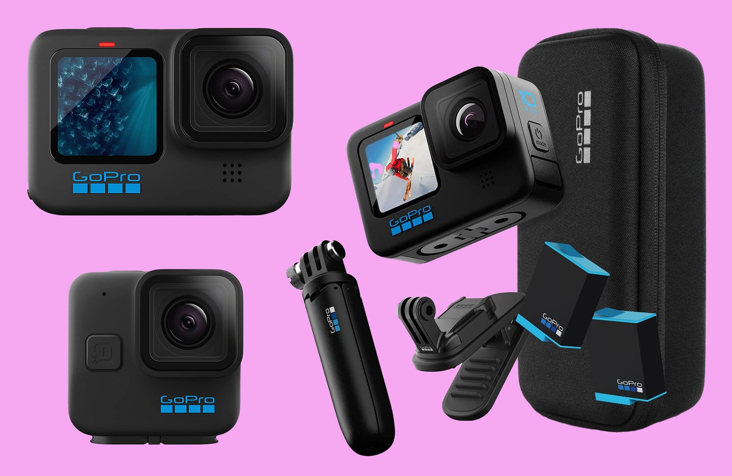 GoPro Hero 11, Hero 11 Mini, and Hero 10 against a pink background